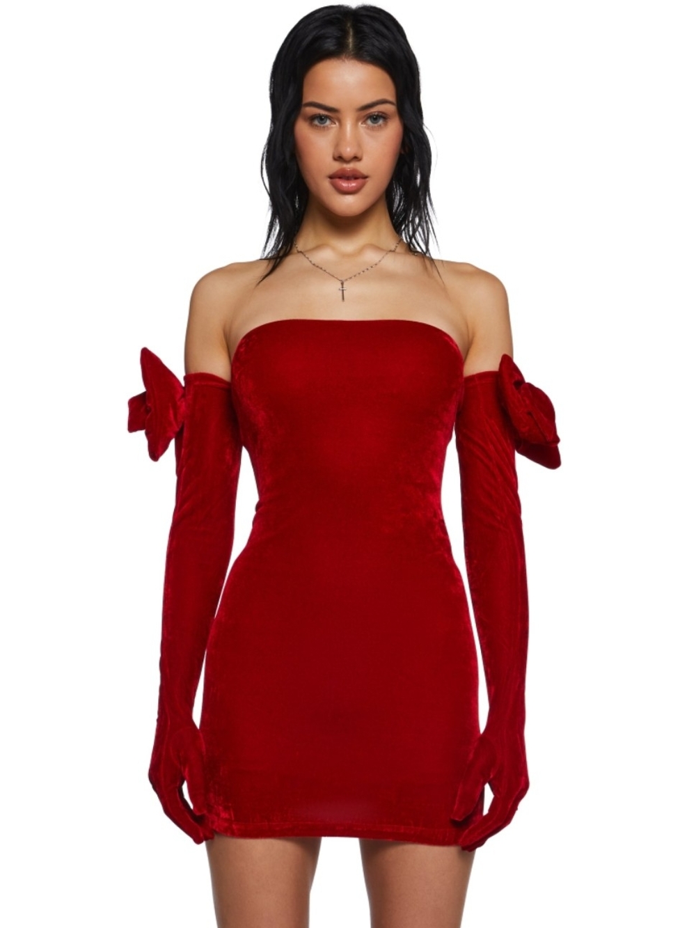 Sugar Thrillz Scarlet Off-Shoulder Velvet Mini with Bow Sleeves